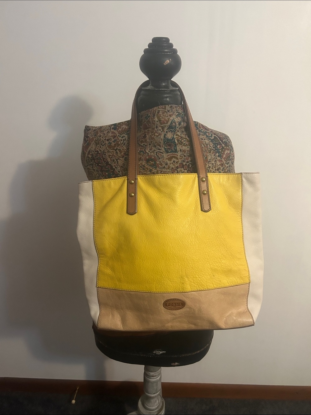 Fossil Zoey Yellow, Cream & Tan Leather Colorblock Tote